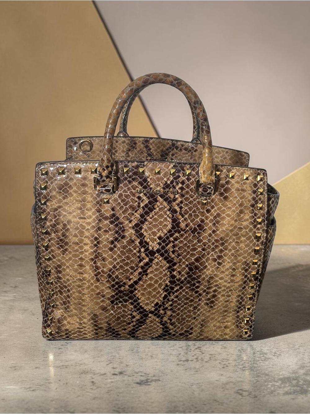 Michael Kors Selma Python Embossed Leather Studded Large Satchel Bag Purse Tan